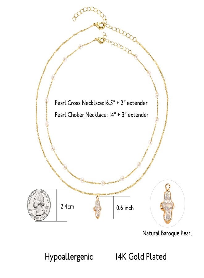PEALICIOUS Pearl Cross Necklace for Women Freshwater Pearl Cross Pendant 14K Gold Plated Necklace Dainty Gold Choker Trendy Baroque Jewelry Set as Birthday Gifts for Teens Wedding Jewelry - Image 5